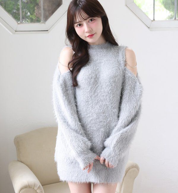  「肩あきビジューニットミニワンピ」|ワンピース|グレー