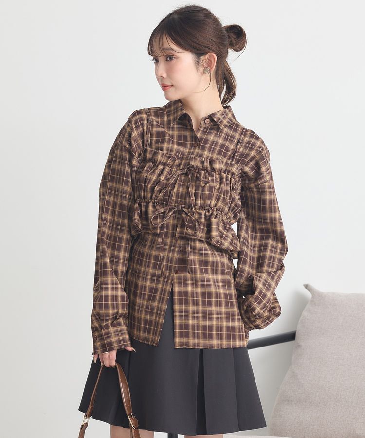 earth music&ecology「SET2点チェック柄シャーリングビスチェ＋シャツ」|シャツ・ブラウス|