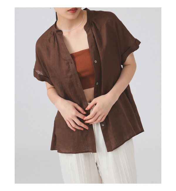 Ray BEAMS 「リネン スタンドカラー フレンチスリーブ シャツ」|シャツ・ブラウス|BROWN