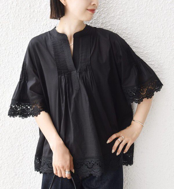 SHIPS for women「《予約》〈手洗い可能〉トリム レース ピンタック スキッパー ブラウス」|シャツ・ブラウス|ブラック
