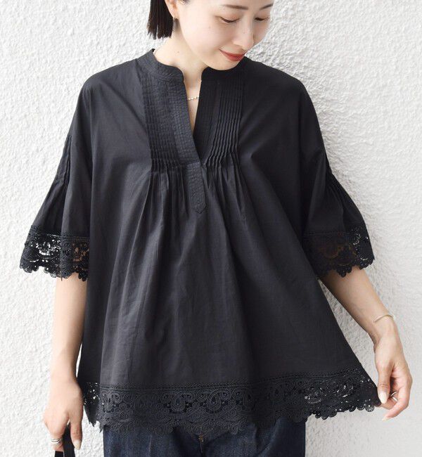SHIPS for women「《予約》〈手洗い可能〉トリム レース ピンタック スキッパー ブラウス」|シャツ・ブラウス|