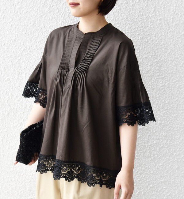 SHIPS for women「《予約》〈手洗い可能〉トリム レース ピンタック スキッパー ブラウス」|シャツ・ブラウス|