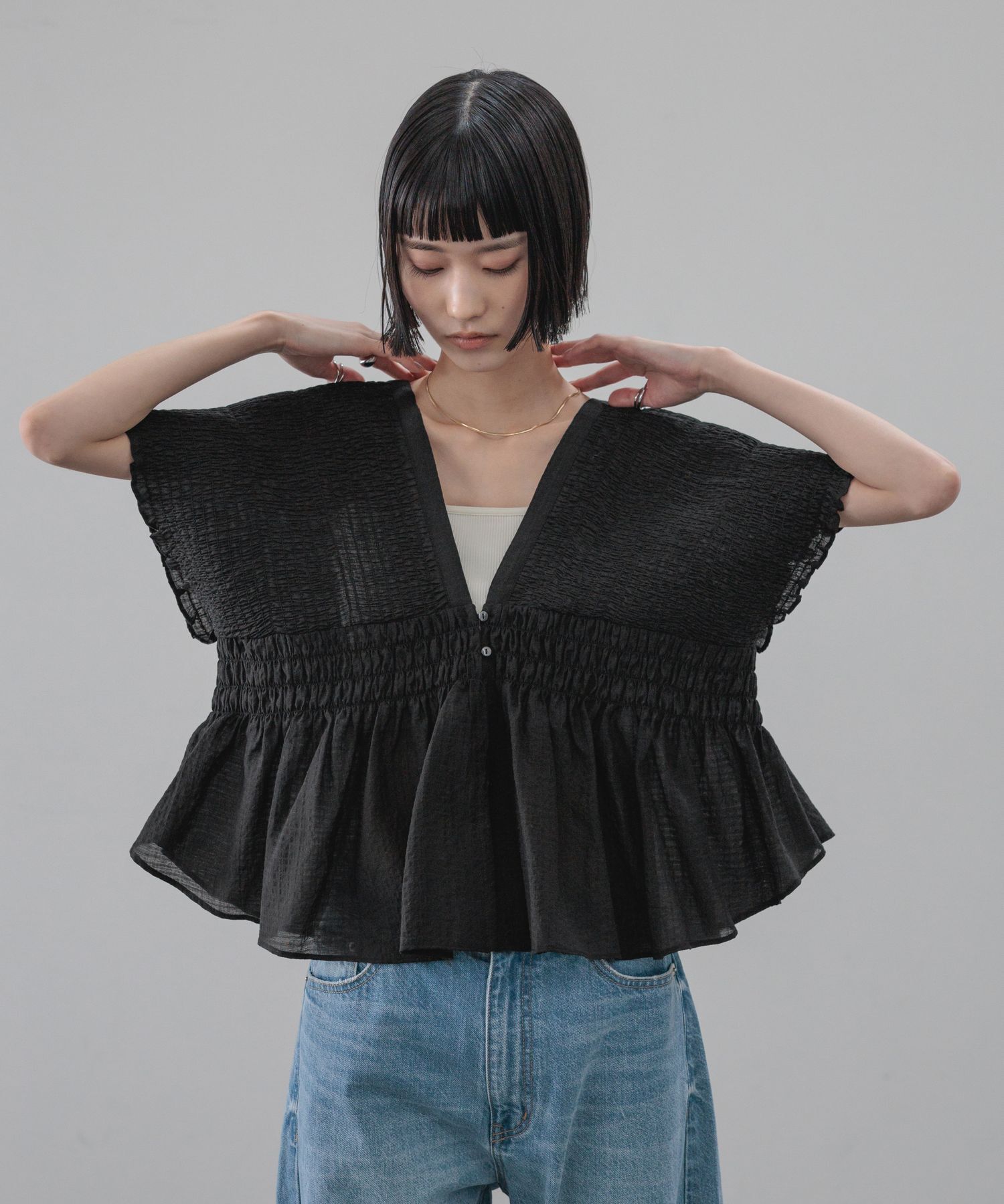 LOWRYS FARM「ヨウリュウシャーリングショートフレンチスリーブ」|シャツ・ブラウス|BLK