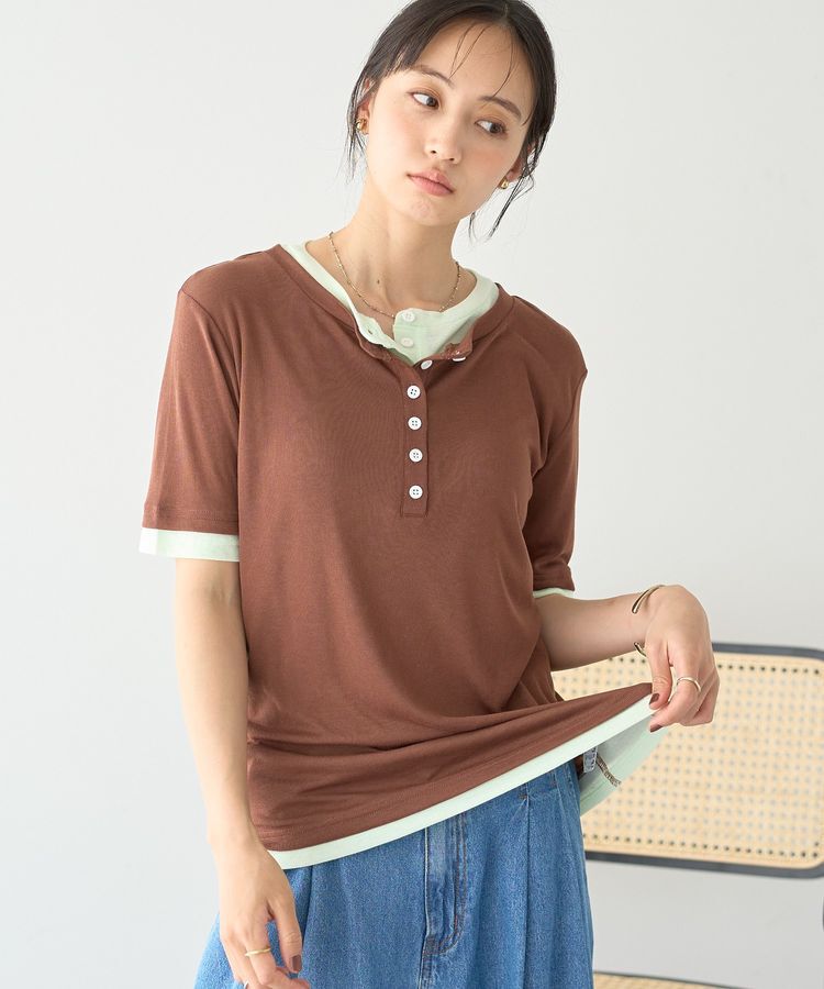 earth music&ecology「シアーレイヤード風5分袖プルオーバー」|Tシャツ・カットソー|Brown