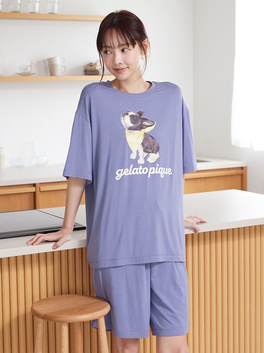 GELATO PIQUE HOMME「【HOMME】【接触冷感】レーヨンボストンテリアワンポイントTシャツ&ハーフパンツセット」|ルームウェア|
