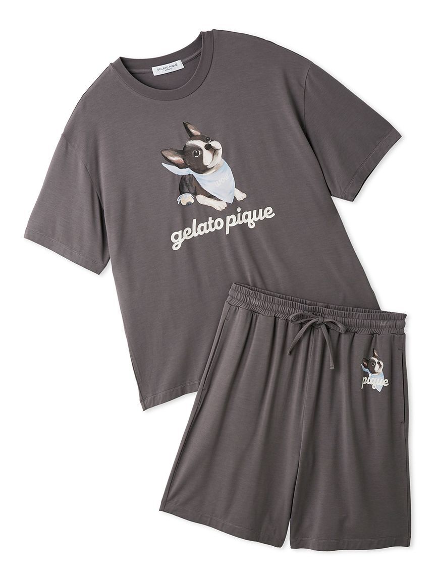 GELATO PIQUE HOMME「【HOMME】【接触冷感】レーヨンボストンテリアワンポイントTシャツ&ハーフパンツセット」|ルームウェア|DGRY