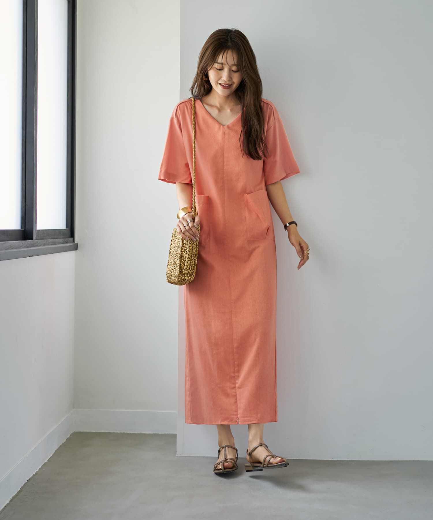 STYLE DELI「ファスナースリット麻混Vネックワンピース」|ワンピース|