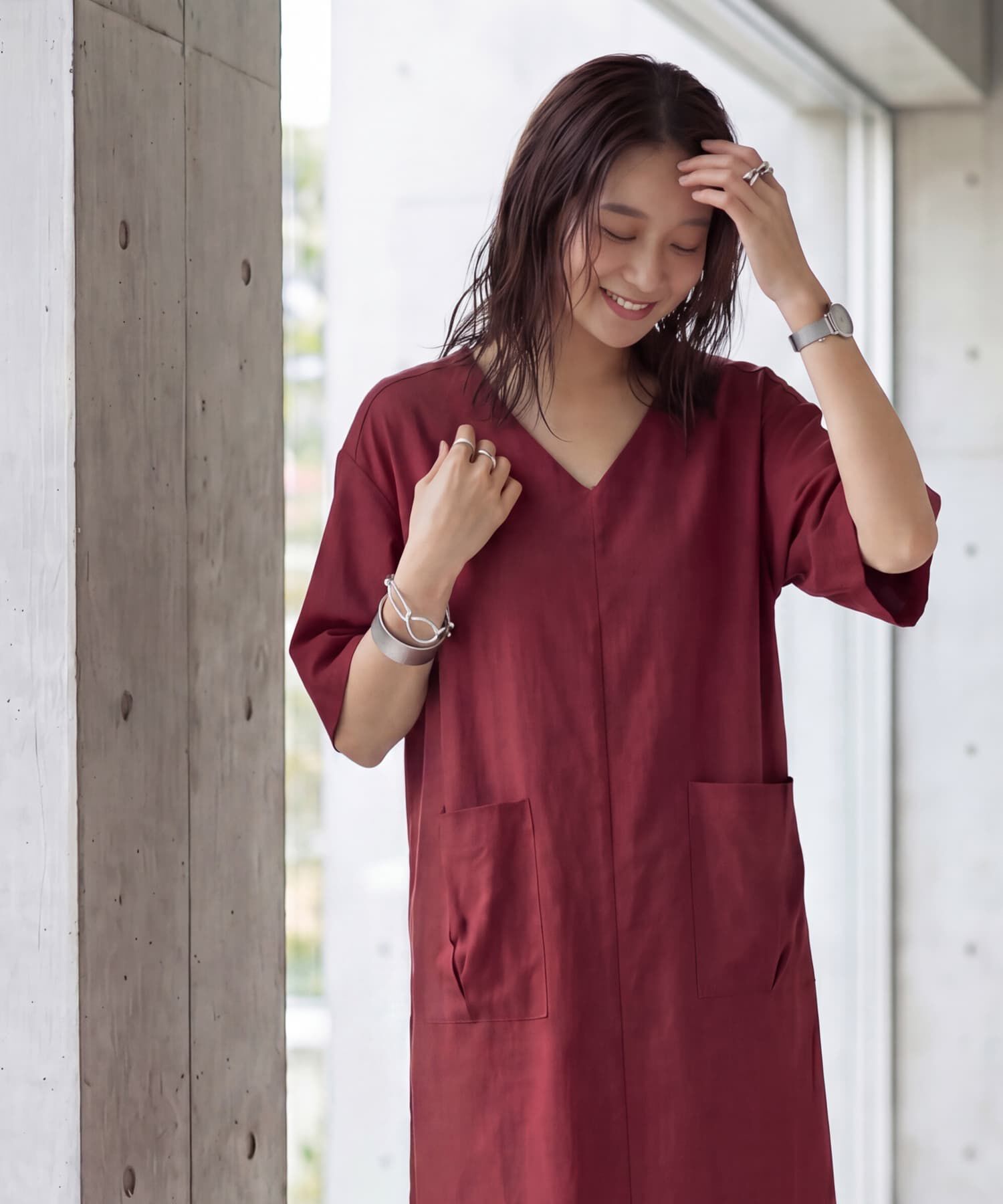 STYLE DELI「ファスナースリット麻混Vネックワンピース」|ワンピース|
