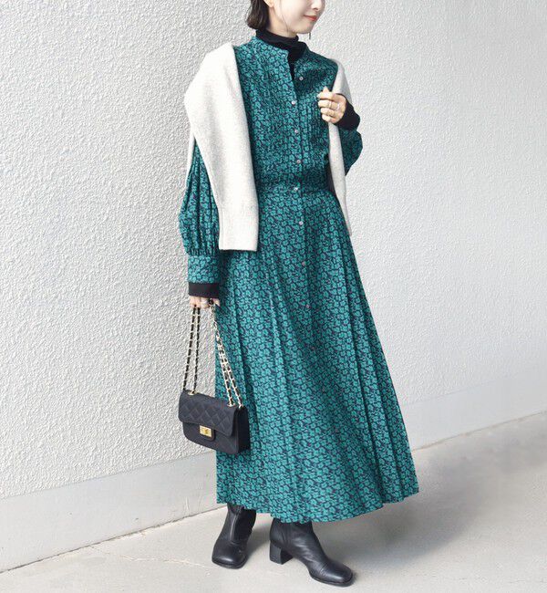 SHIPS for women「〈手洗い可能〉ドット / 花柄 バンドカラー サイド プリーツ ワンピース」|ワンピース|
