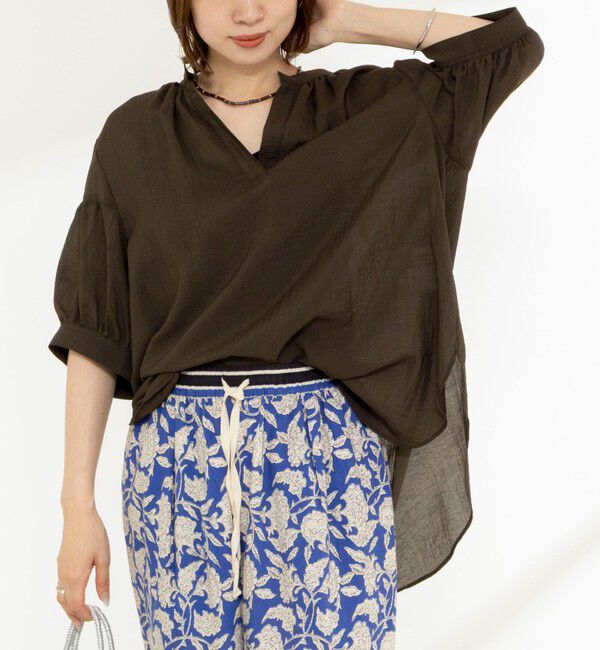 NOLLEY'S「《接触冷感》【BECシリーズ】ウォッシャブル半袖オーバーギャザーブラウス」|シャツ・ブラウス|カーキ