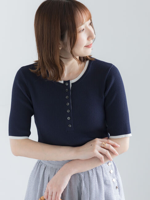 Te chichi「【UVカット】ヘンリーネック5分袖配色リブニット」|ニット・セーター|ネイビー