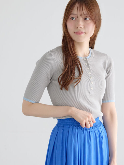 Te chichi「【UVカット】ヘンリーネック5分袖配色リブニット」|ニット・セーター|グレー