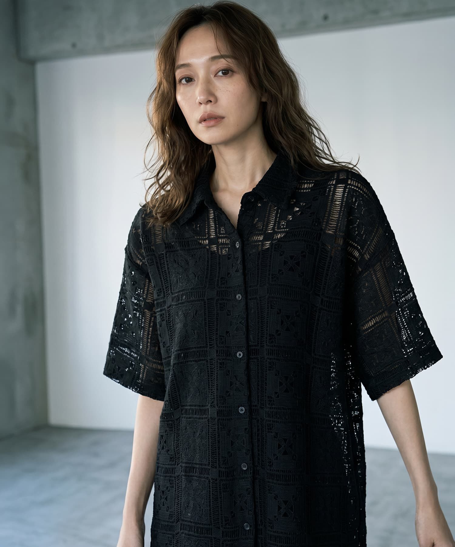 STYLE DELI「【BLK001】クロシェレースハーフスリーブシャツ」|シャツ・ブラウス|