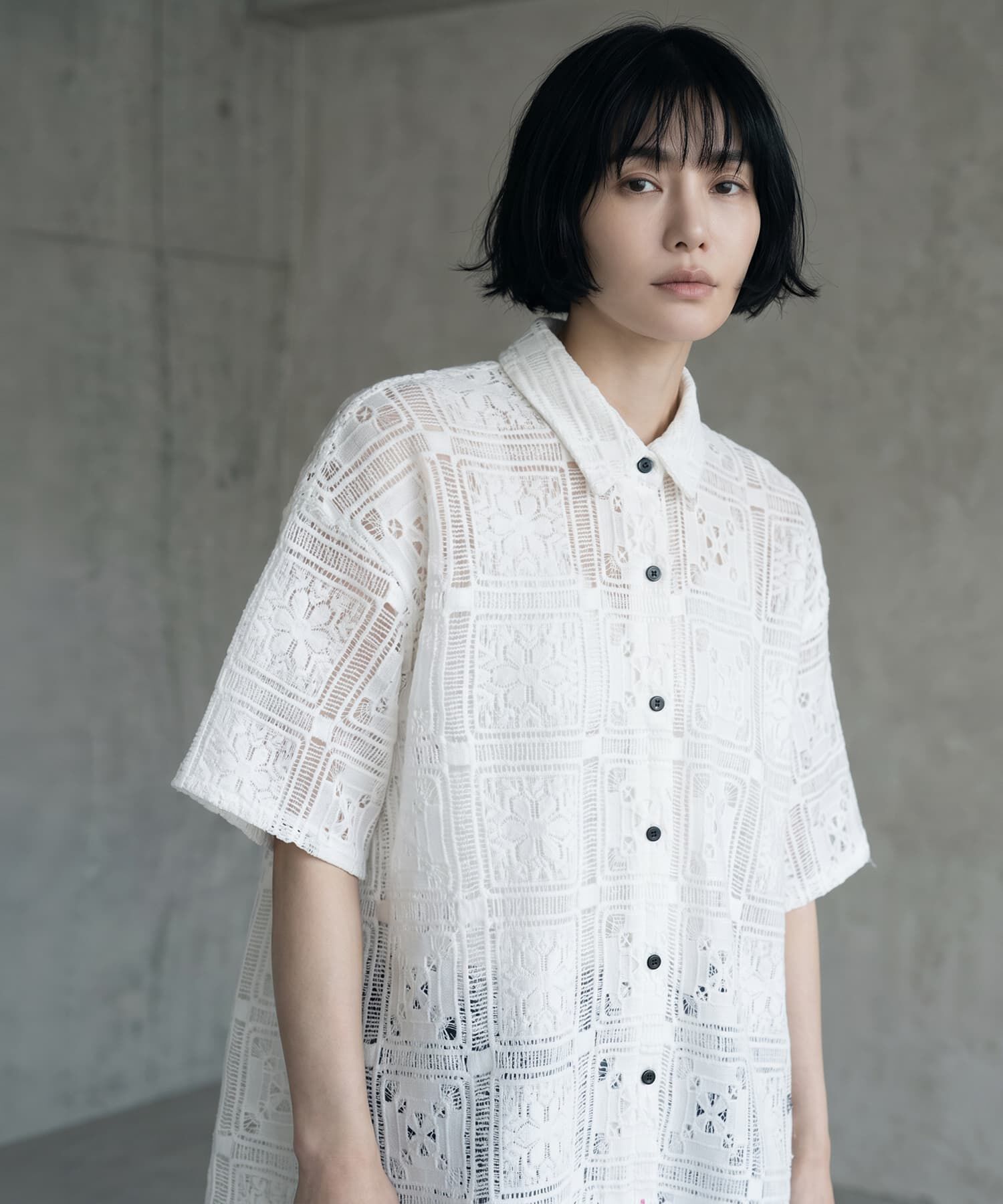 STYLE DELI「【BLK001】クロシェレースハーフスリーブシャツ」|シャツ・ブラウス|オフホワイト