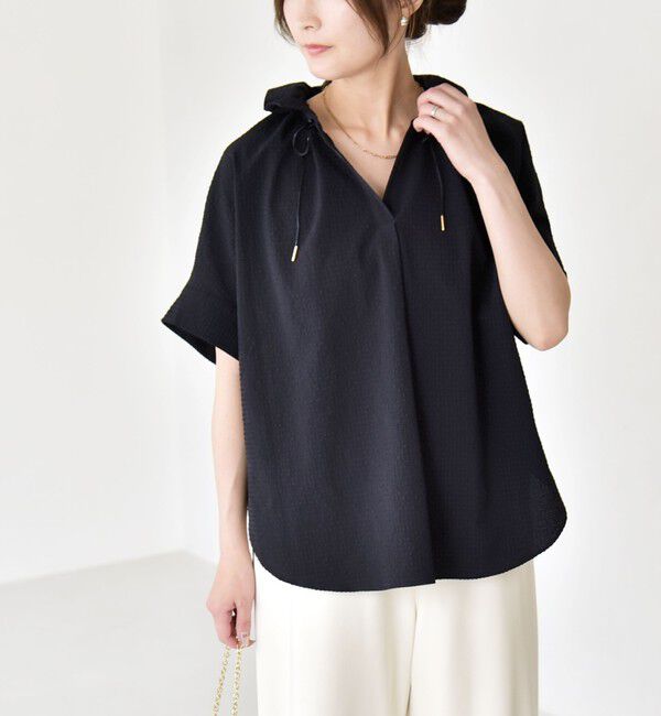 quaranciel「《予約》quaranciel:〈手洗い可能〉サッカー ドロストカラー スキッパー シャツ ブラウス」|シャツ・ブラウス|