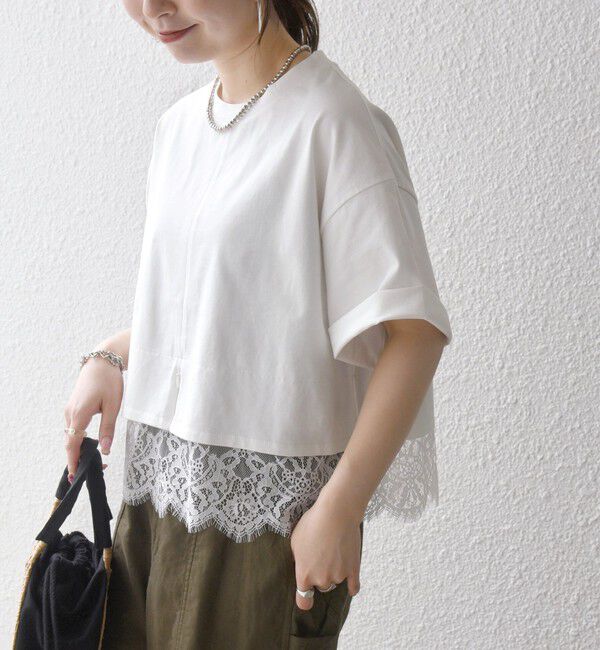 SHIPS any「《予約》SHIPS any:〈洗濯機可能〉ジップ レース ヘム ハーフスリーブ TEE」|Tシャツ・カットソー|