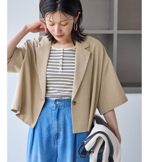 Rope&rsquo;Picnic「【ちゃんと+かわいい保証】エアリーリネンライク ハーフスリーブジャケット/接触冷感・UVカット・速乾」|テーラードジャケット|