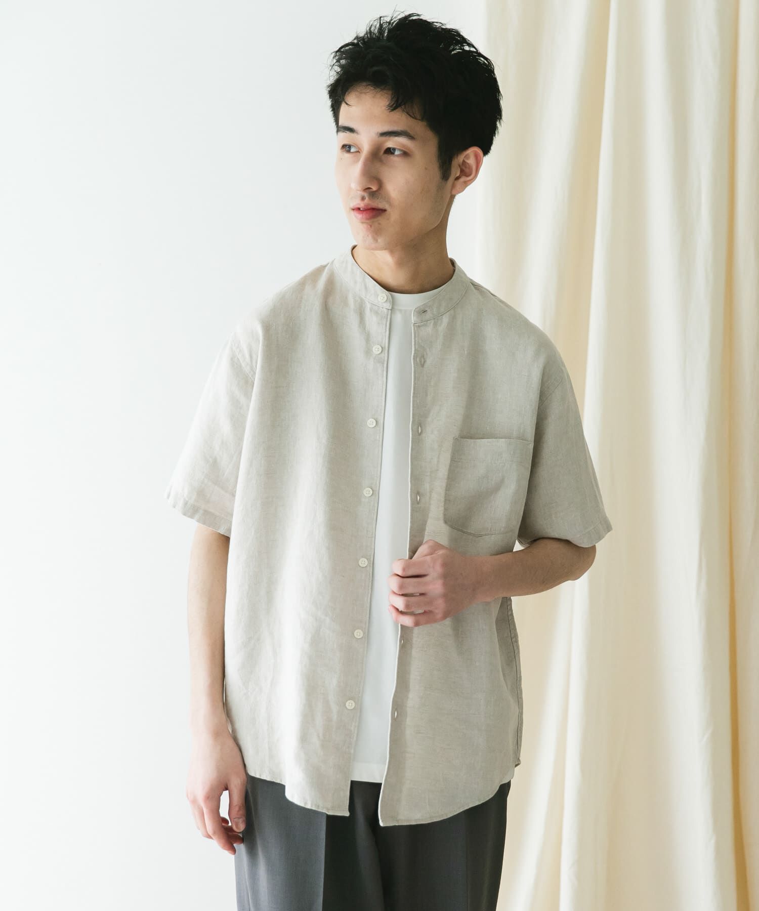 URBAN RESEARCH DOORS「『XLｻｲｽﾞ/WEB限定』ｼﾙｹｯﾄﾘﾈﾝ ﾊﾞﾝﾄﾞｶﾗｰｼｮｰﾄｽﾘｰ」|シャツ・ブラウス|