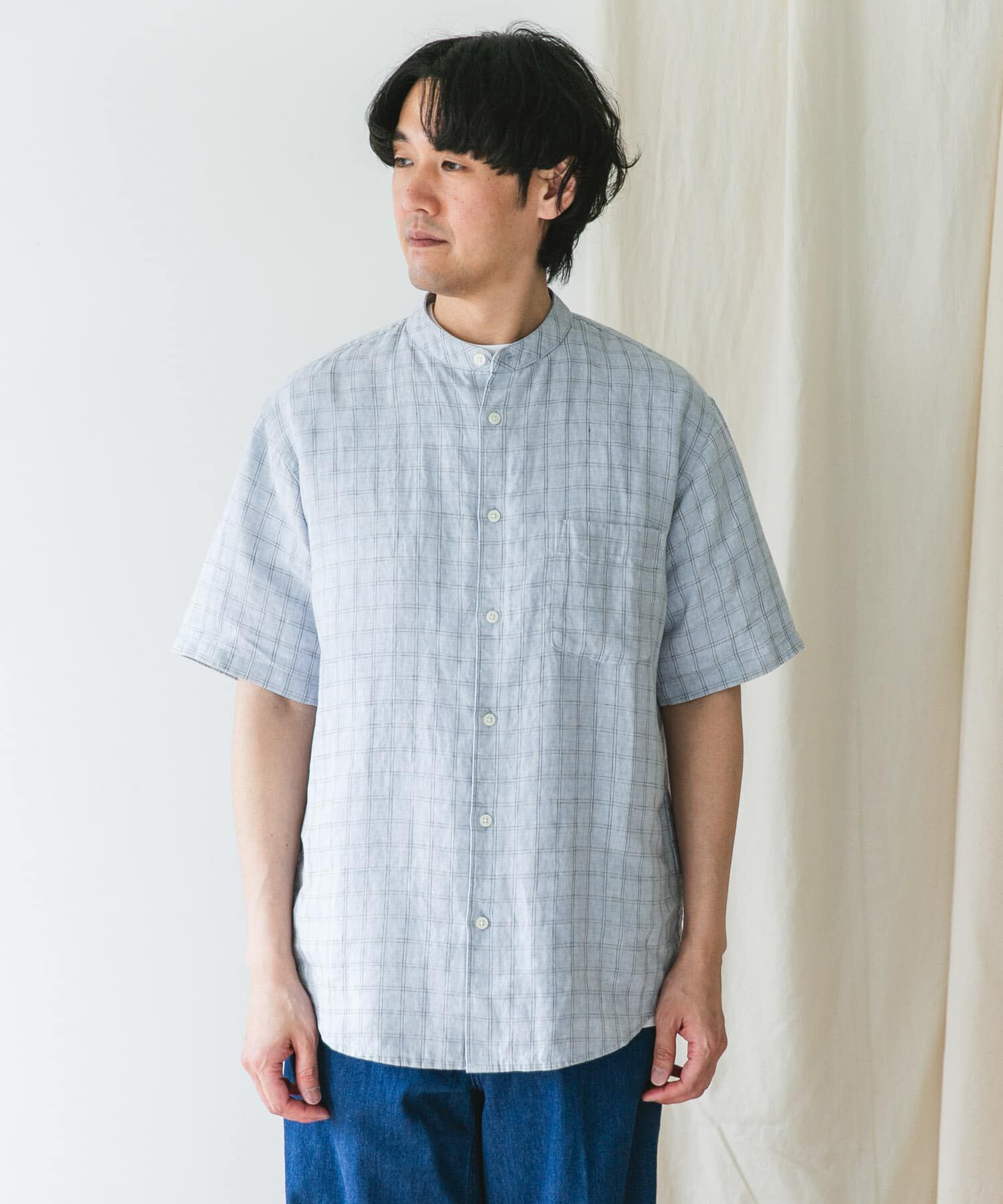 URBAN RESEARCH DOORS「『XLｻｲｽﾞ/WEB限定』ｼﾙｹｯﾄﾘﾈﾝ ﾊﾞﾝﾄﾞｶﾗｰｼｮｰﾄｽﾘｰ」|シャツ・ブラウス|