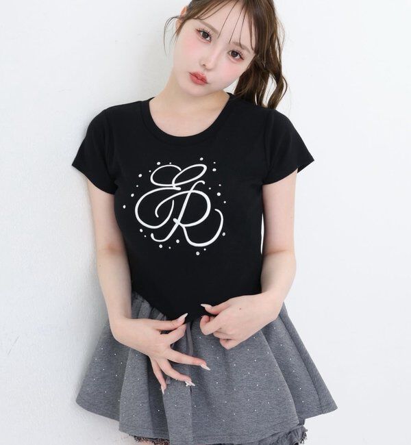  「ビジュー付きロゴ刺繍Tee」|プルオーバー|ブラック