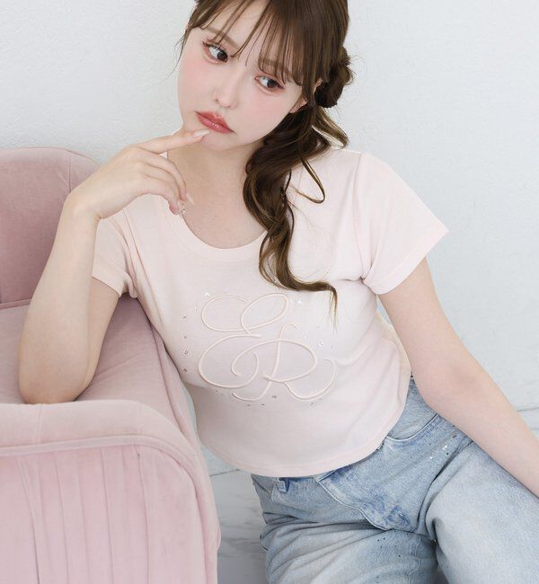  「ビジュー付きロゴ刺繍Tee」|プルオーバー|ピンク
