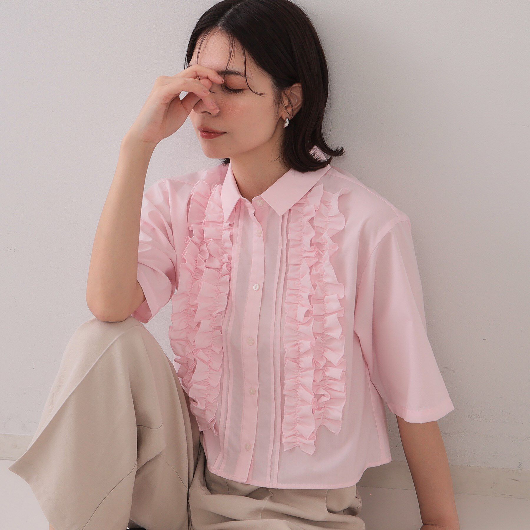 OPAQUE.CLIP「フリルショートシャツ【洗濯機洗い可】」|シャツ・ブラウス|ライトピンク(070