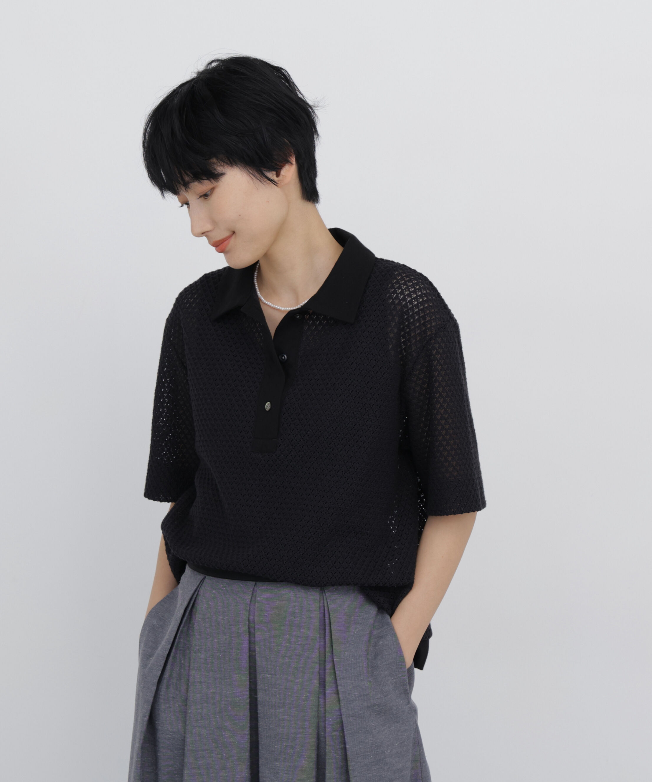  「◆リーフ格子レース　ポロＴシャツ」|Tシャツ・カットソー|