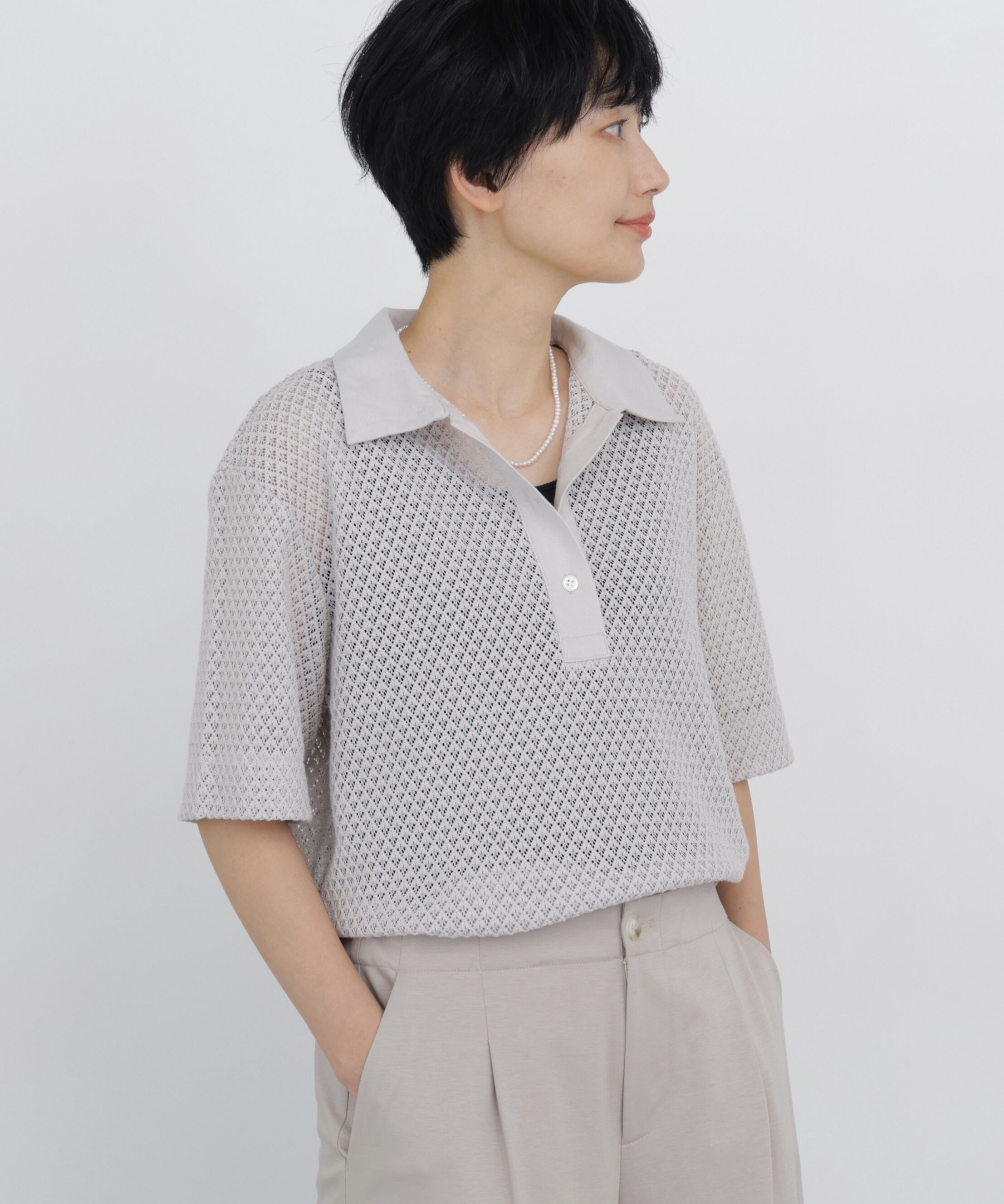  「◆リーフ格子レース　ポロＴシャツ」|Tシャツ・カットソー|