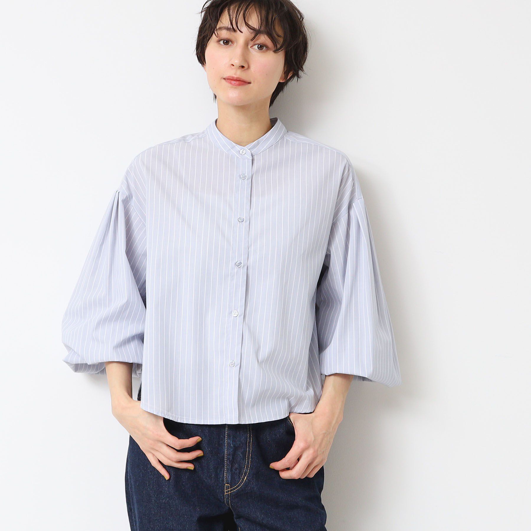 Dessin「【洗える】バンドカラーストライプシャツ（XS～L）」|シャツ・ブラウス|ブルー(391)