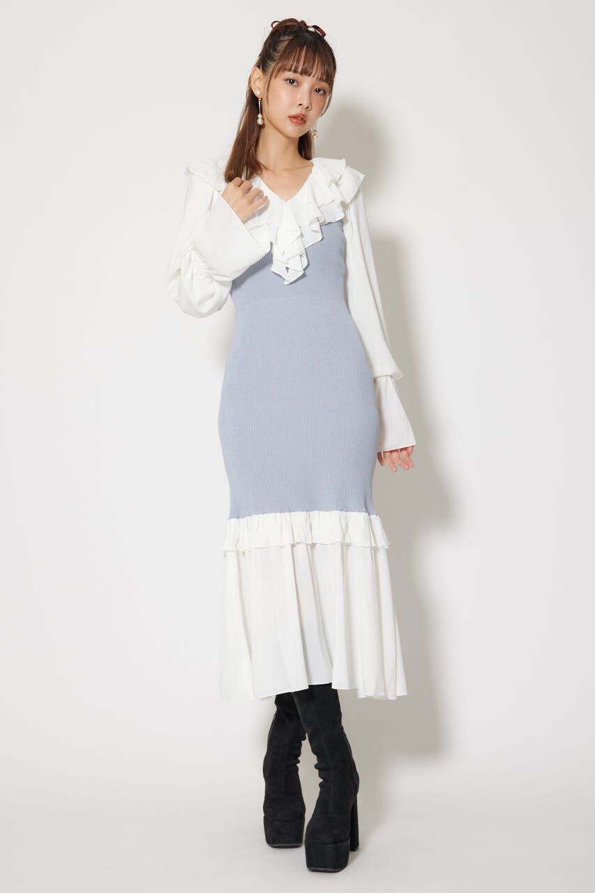 rienda「ダブルフリルコンビニットワンピース」|ワンピース|L/BLU1