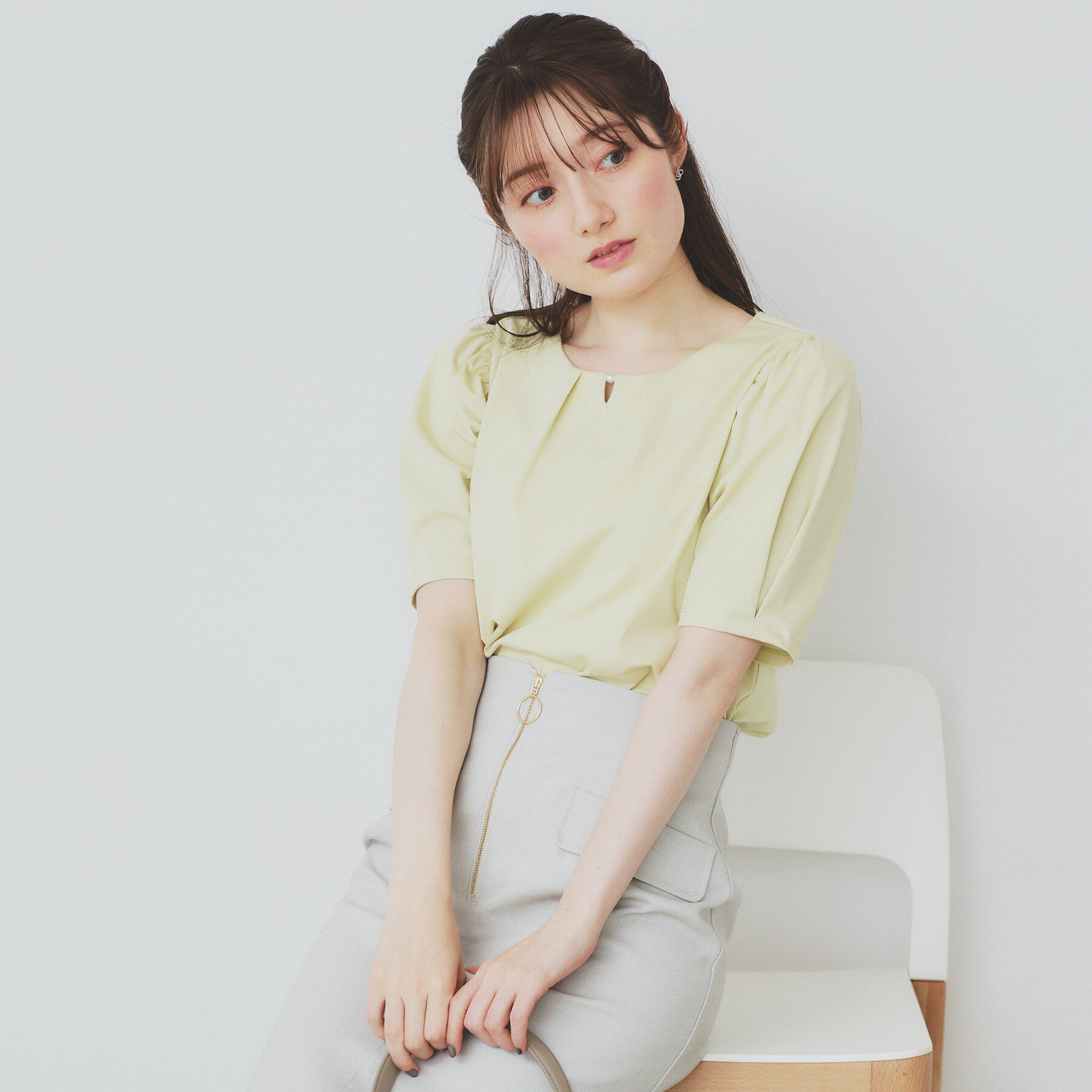 index「フロントパール調タックパフトップス【UV／接触冷感／洗濯機洗い可】」|Tシャツ・カットソー|ライトイエロー(03