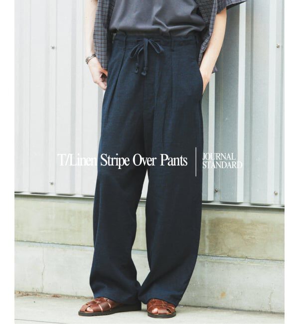 JOURNAL STANDARD「リネン ポリ ストライプ オーバー パンツ」|スラックス|ネイビー