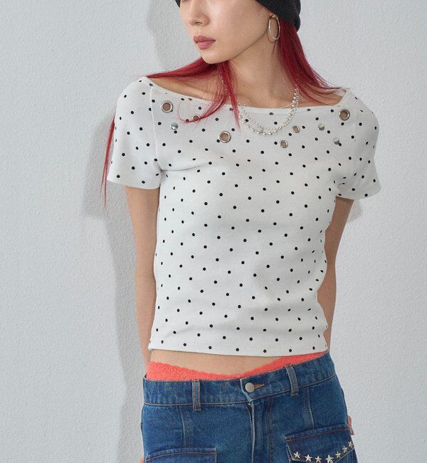  「ハトメオフショル半袖トップス（無地/ドット）」|Tシャツ・カットソー|ホワイトその他1