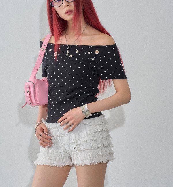 「ハトメオフショル半袖トップス（無地/ドット）」|Tシャツ・カットソー|