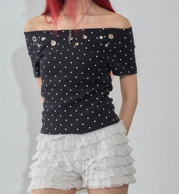  「ハトメオフショル半袖トップス（無地/ドット）」|Tシャツ・カットソー|