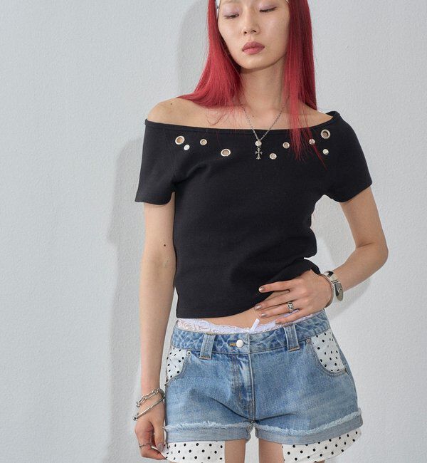  「ハトメオフショル半袖トップス（無地/ドット）」|Tシャツ・カットソー|