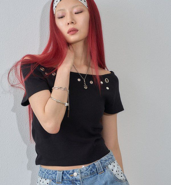  「ハトメオフショル半袖トップス（無地/ドット）」|Tシャツ・カットソー|