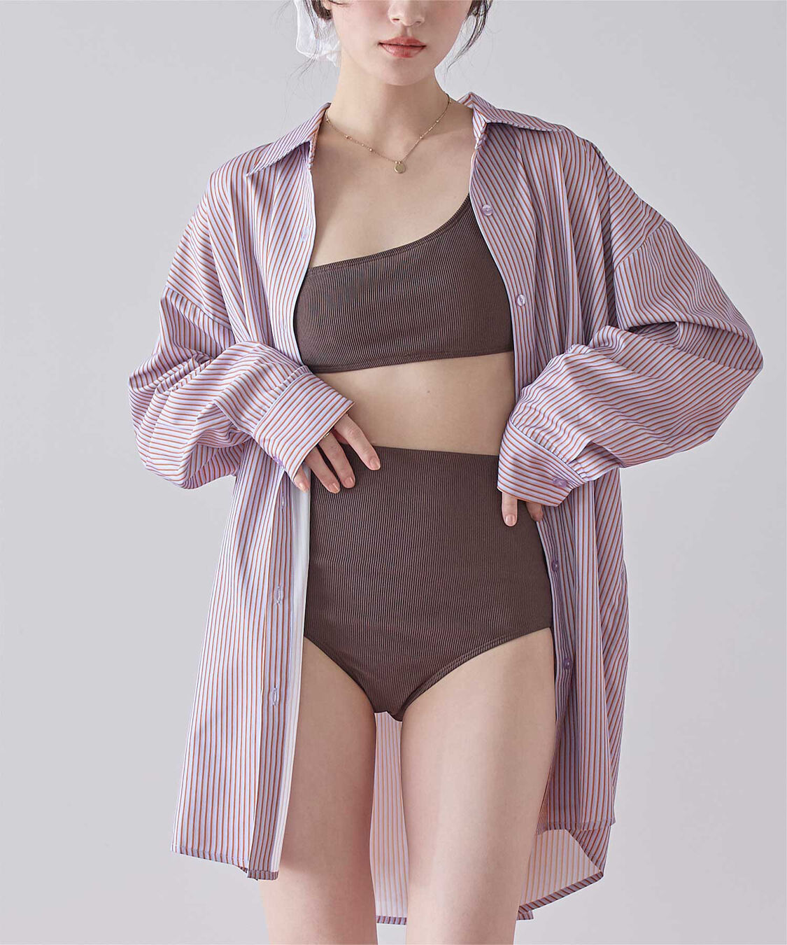 SEA DRESS「ビッグシルエットシャツ/ラッシュガード」|ビキニトップス|ストライプ/パープル