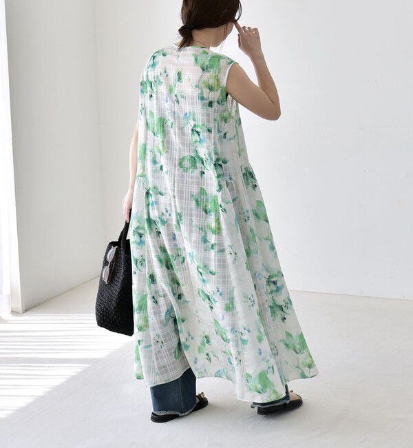 quaranciel「《予約》quaranciel:〈洗濯機可能〉ボタニカル プリント クルーネック ギャザー ワンピース」|ワンピース|