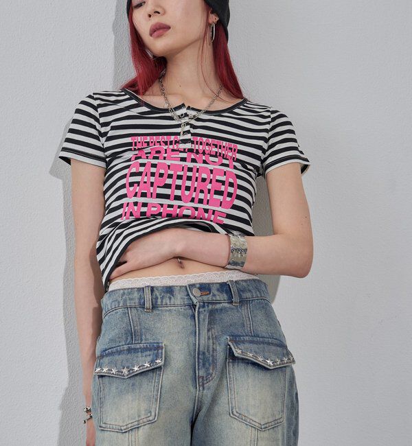  「リングドットヘンリーネックメッセージ TEE」|Tシャツ・カットソー|