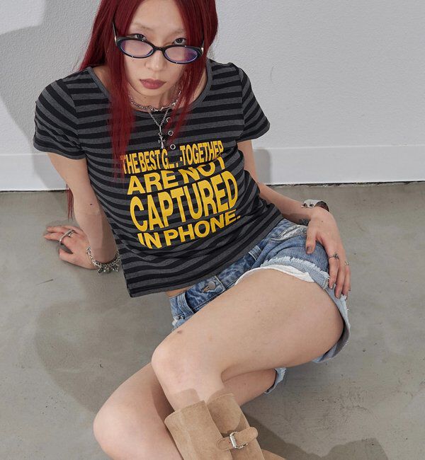  「リングドットヘンリーネックメッセージ TEE」|Tシャツ・カットソー|チャコールグレー