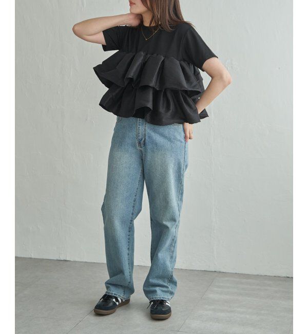 VENCE share style「天竺ナイロンドッキングフリルTシャツ」|Tシャツ・カットソー|