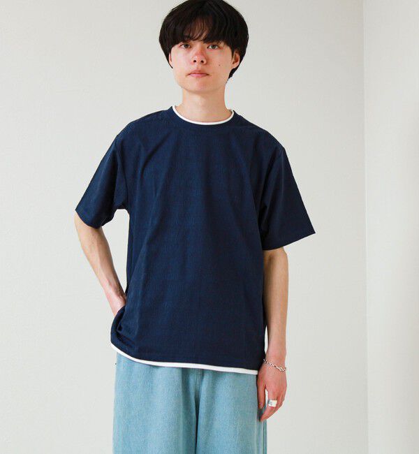 GLOSTER「【1枚でレイヤード風】ストライプジャガード フェイクレイヤーTシャツ」|Tシャツ・カットソー|