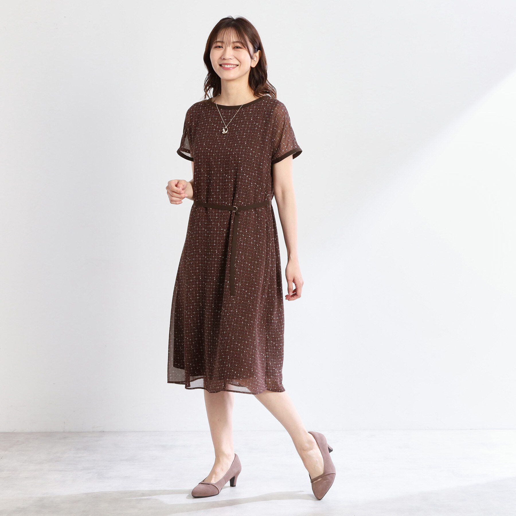 Reflect「【WEB先行カラーあり／マシンウォッシュ可／ナローベルト付き】オフボディツイードチェックワンピース」|ワンピース|