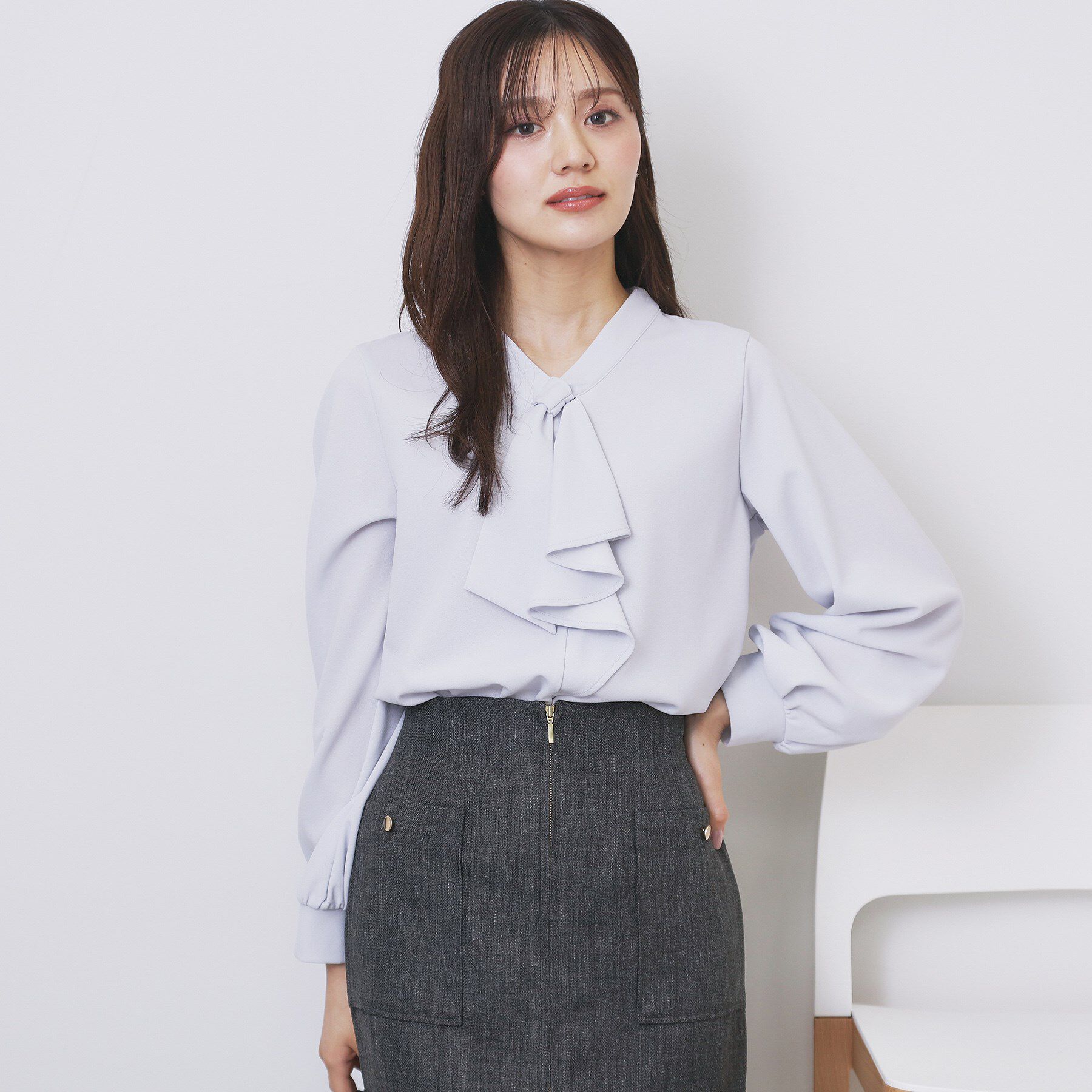 index「ボウタイフリルトップス【洗濯機OK／ストレッチ／イージーアイロン／防シワ】《S～3L》」|Tシャツ・カットソー|サックスブルー(09