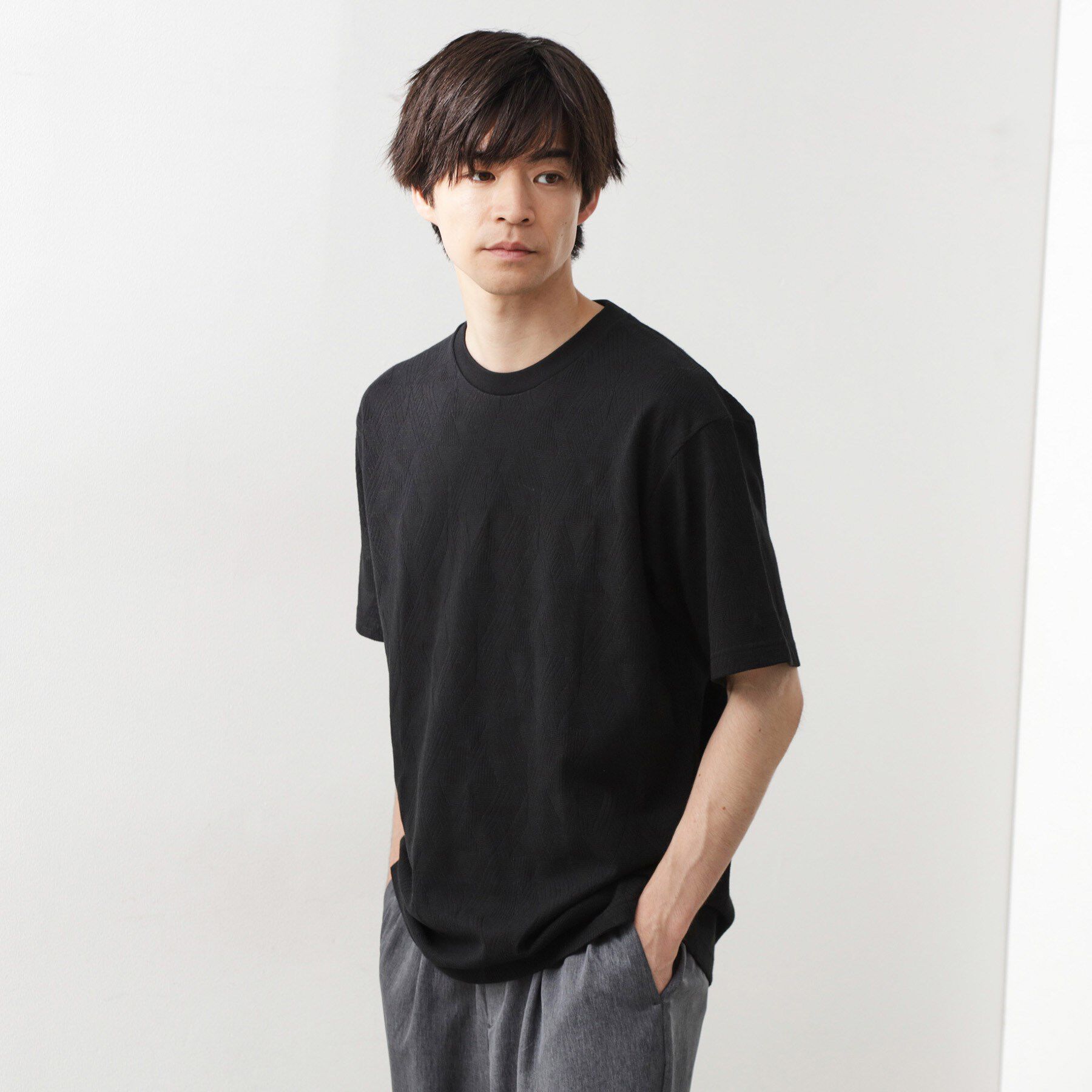 THE SHOP TK「パターンジャカード半袖Tシャツ【洗濯機OK】」|Tシャツ・カットソー|ブラック(019)
