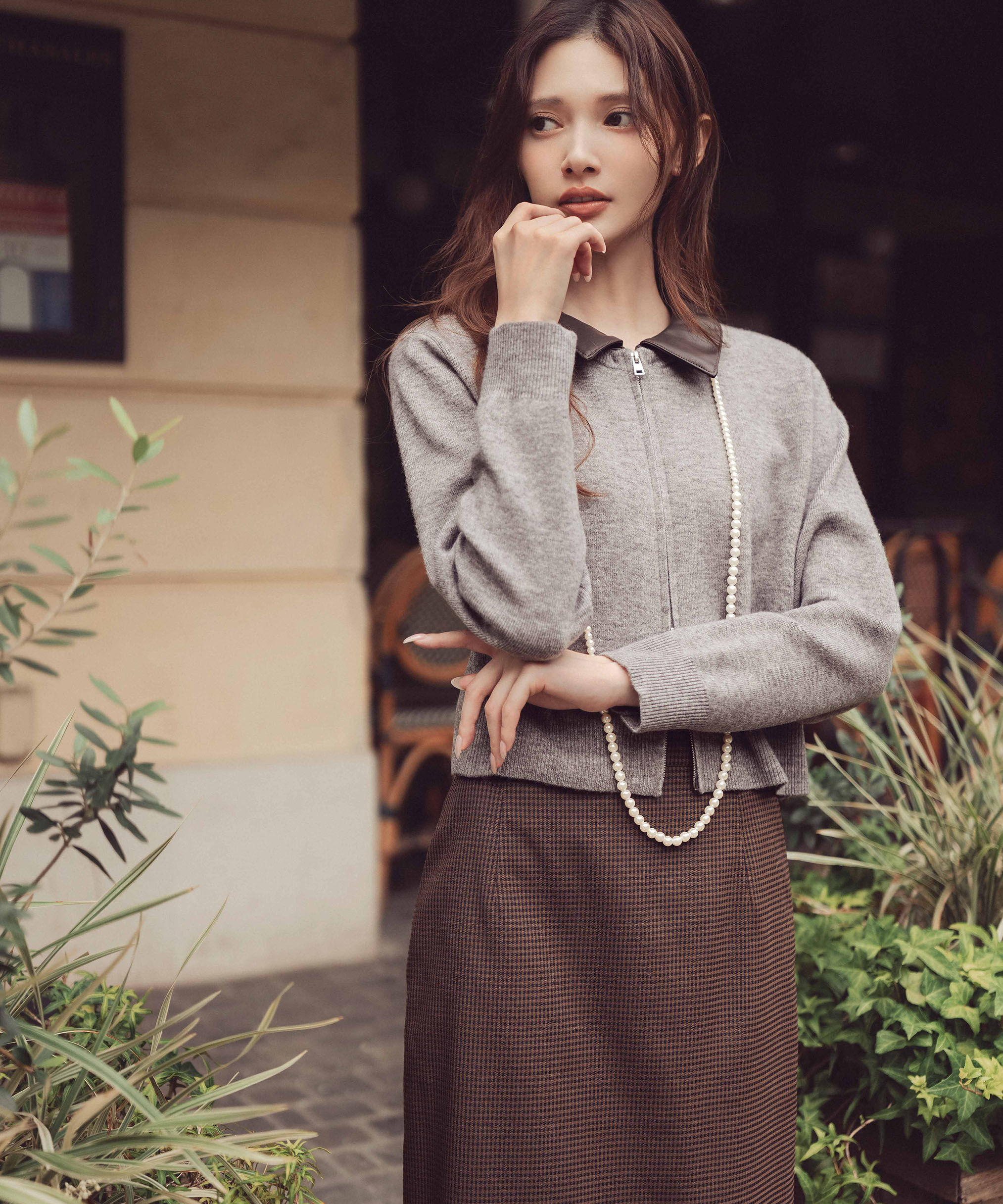 PROPORTION BODY DRESSING「合皮カラー取り外しZIPニット 25AW」|ニット・セーター|トップグレー 1