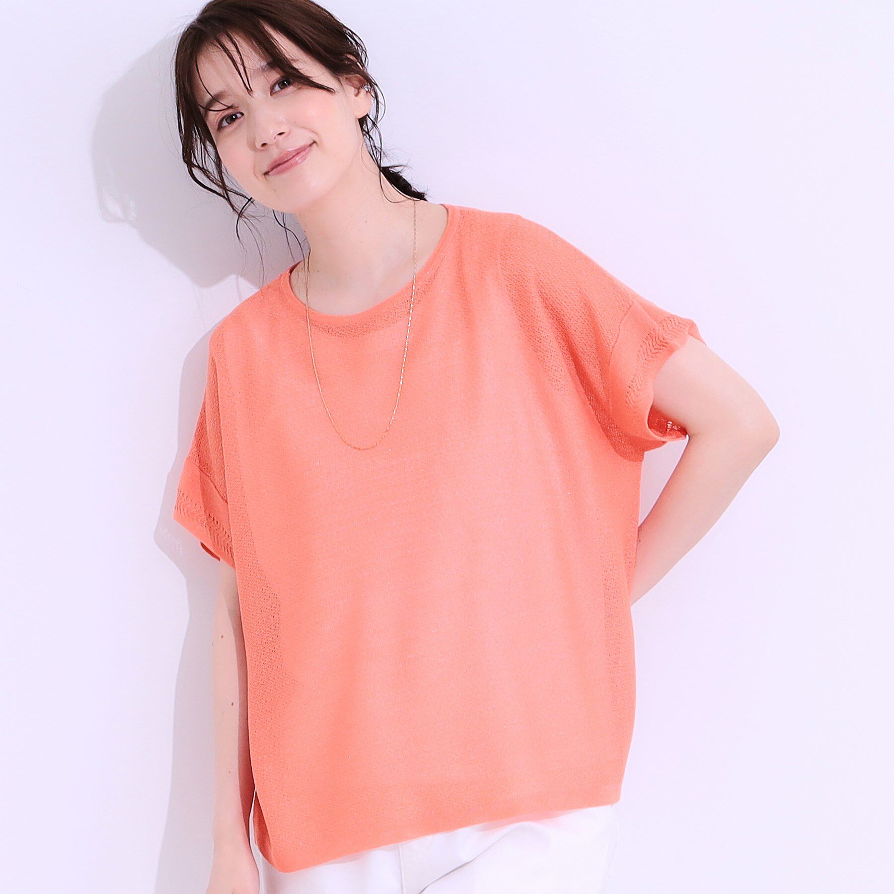 SHOO･LA･RUE「【S-LL/2点セット】涼やかに楽に決まる タンクトップ＋編み柄ニット」|その他|オレンジ(066)