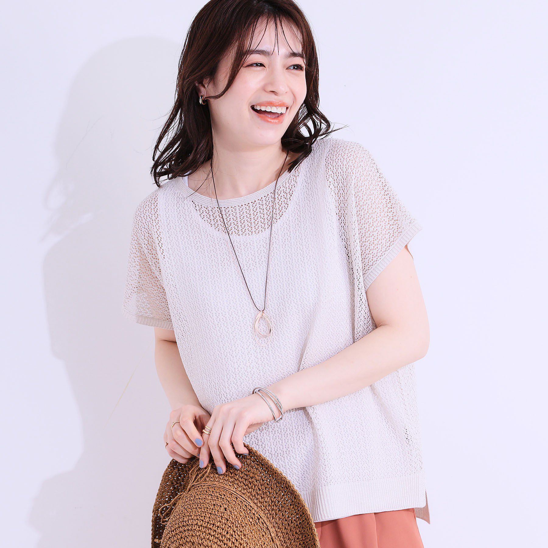 SHOO･LA･RUE「【S-LL/2点セット】程よいラメが上品 透かしニット＋タンクトップ」|ニット・セーター|オフホワイト(003