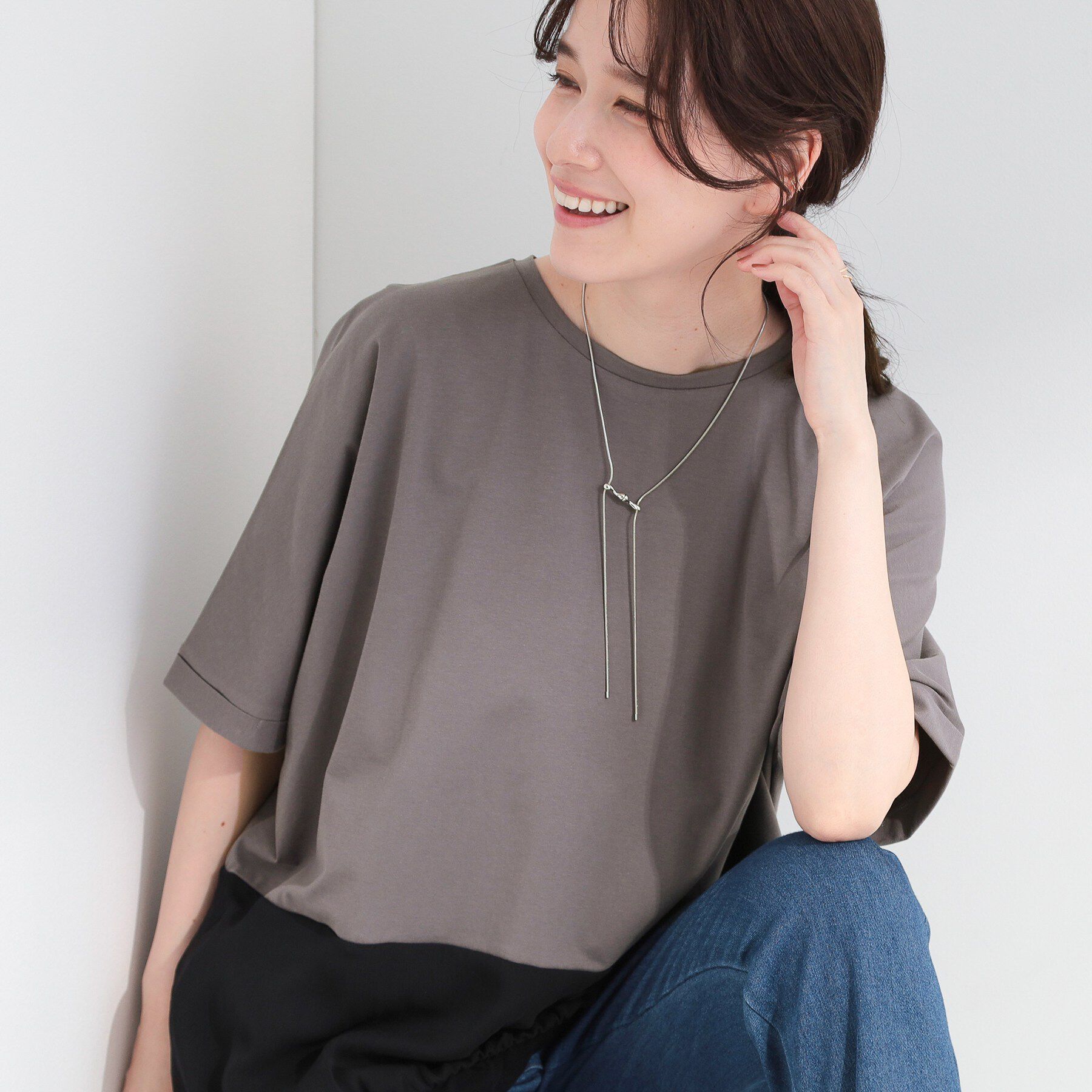 SHOO･LA･RUE「【洗濯機可/体型カバー】異素材切り替え 裾バルーントップス」|Tシャツ・カットソー|グレー(012)